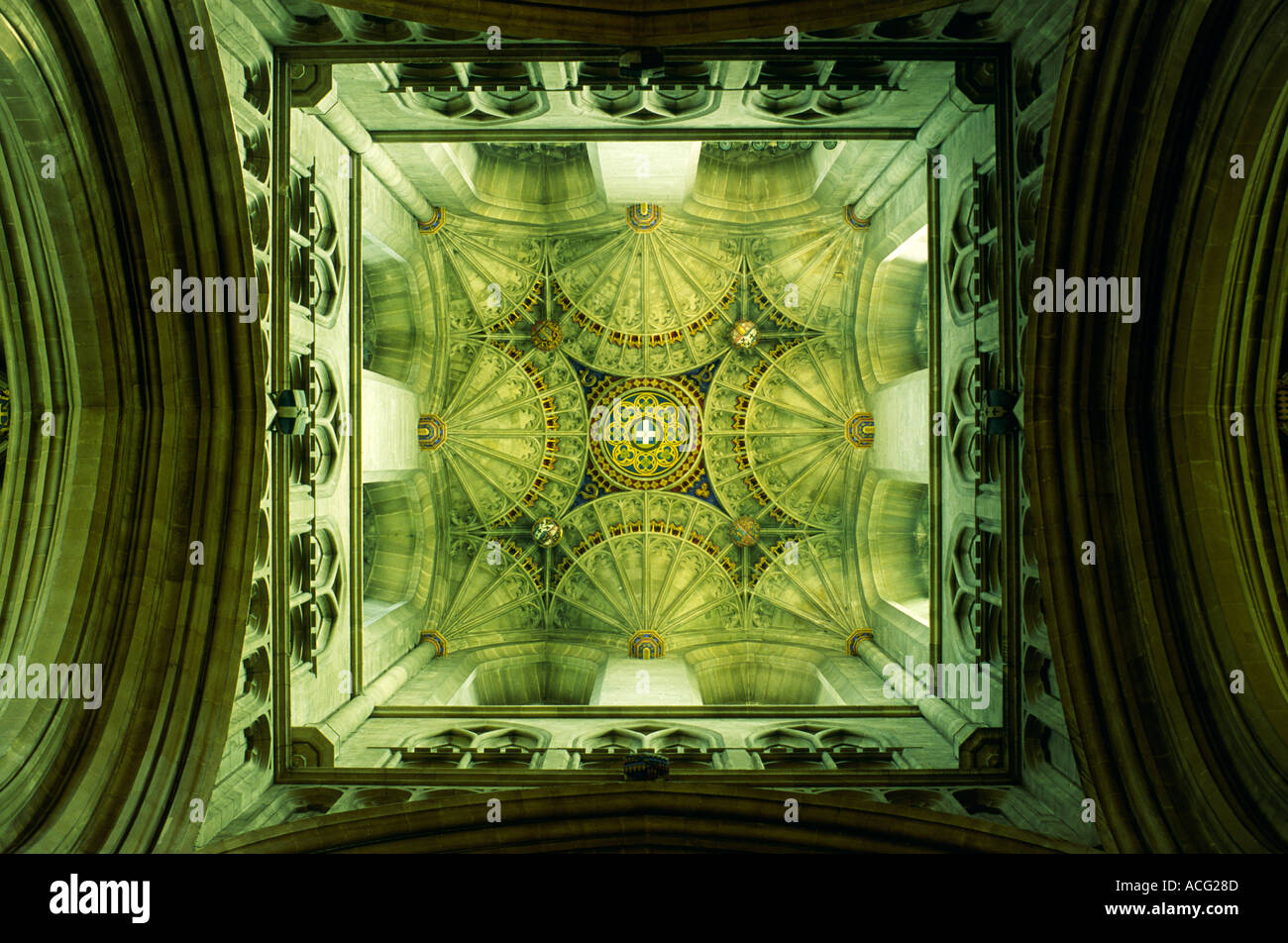 Canterbury Cathedral interior. Looking up into the vaulting of Bell Harry Tower. Kent, England, UK Stock Photo