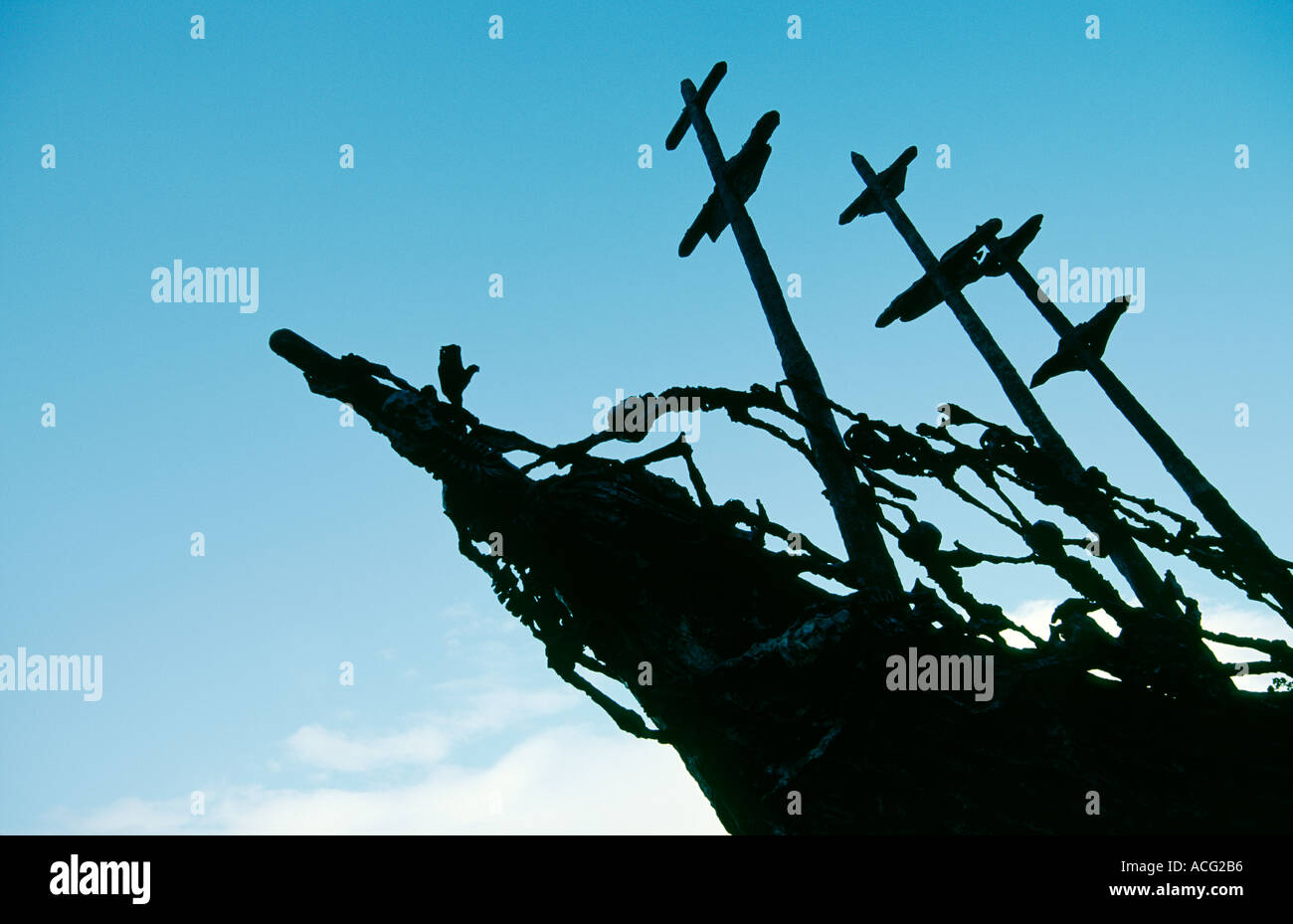 'The Coffin Ship' by John Behan. Irish Famine emigrant memorial sculpture with skeletons at Clew Bay near Westport, County Mayo. Stock Photo