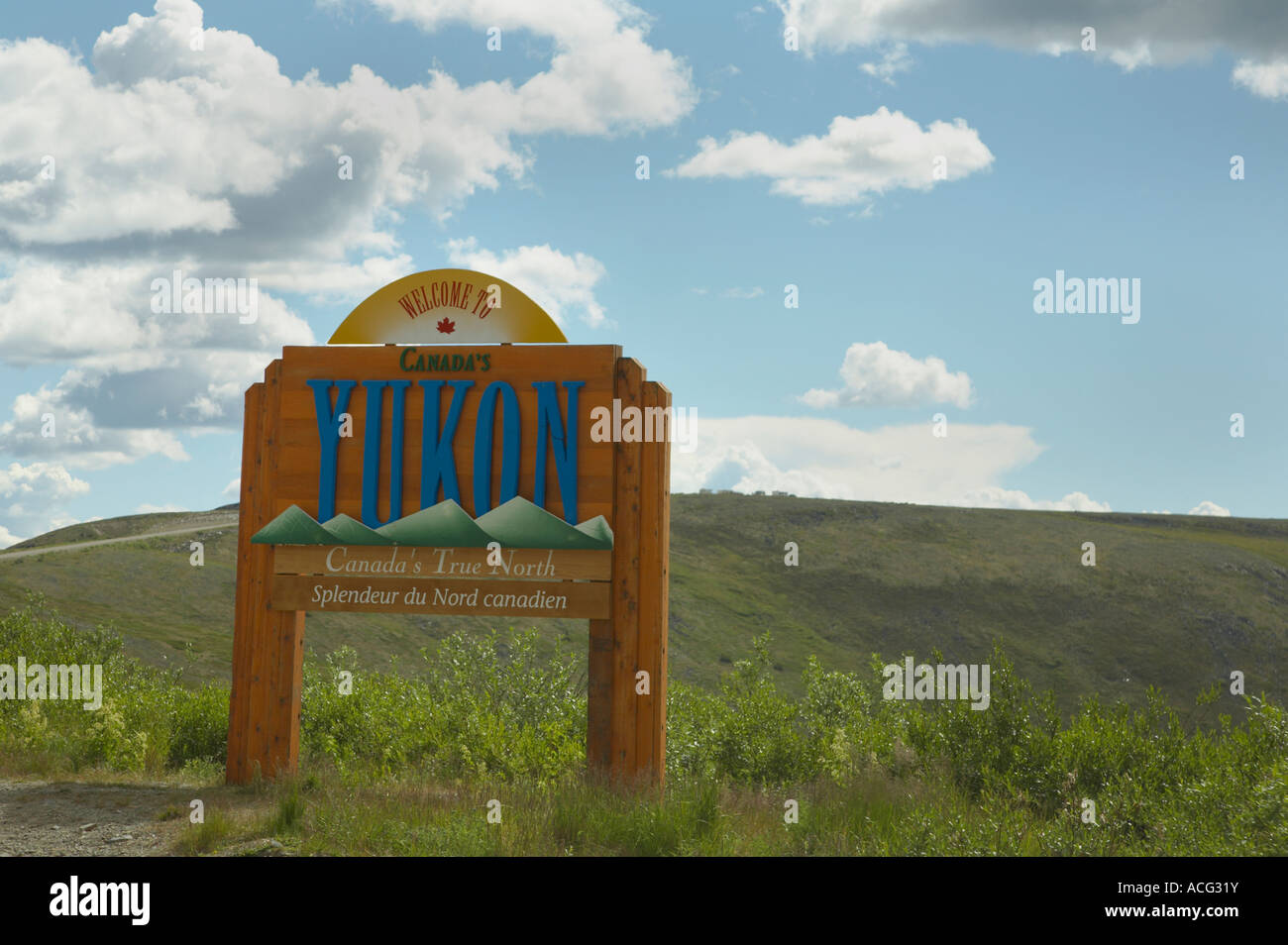 Yukon sign on the Top of the World Highway which runs between