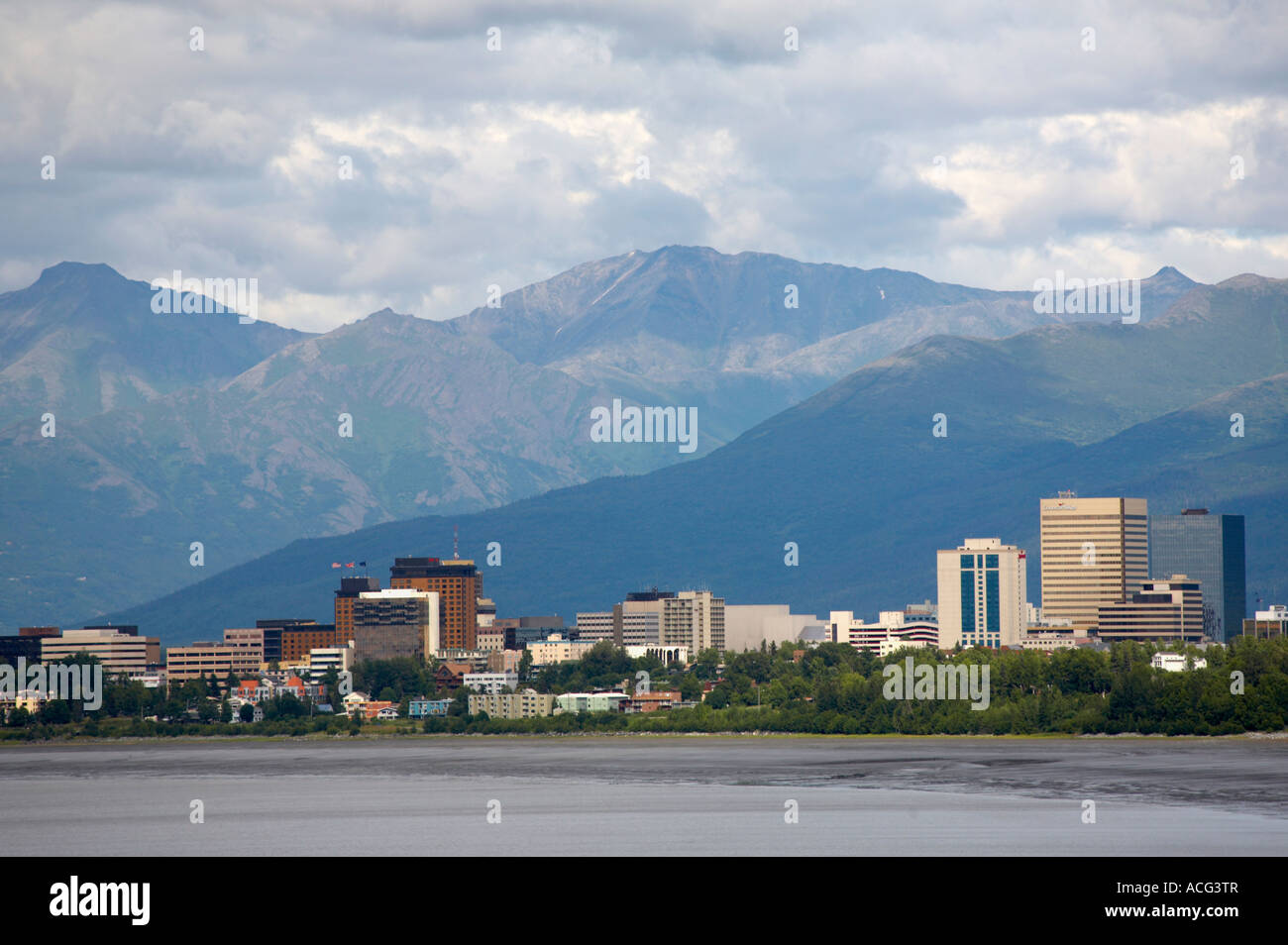 Downtown Anchorage Alaska across Cook Inlet with Chugach Mountains in ...
