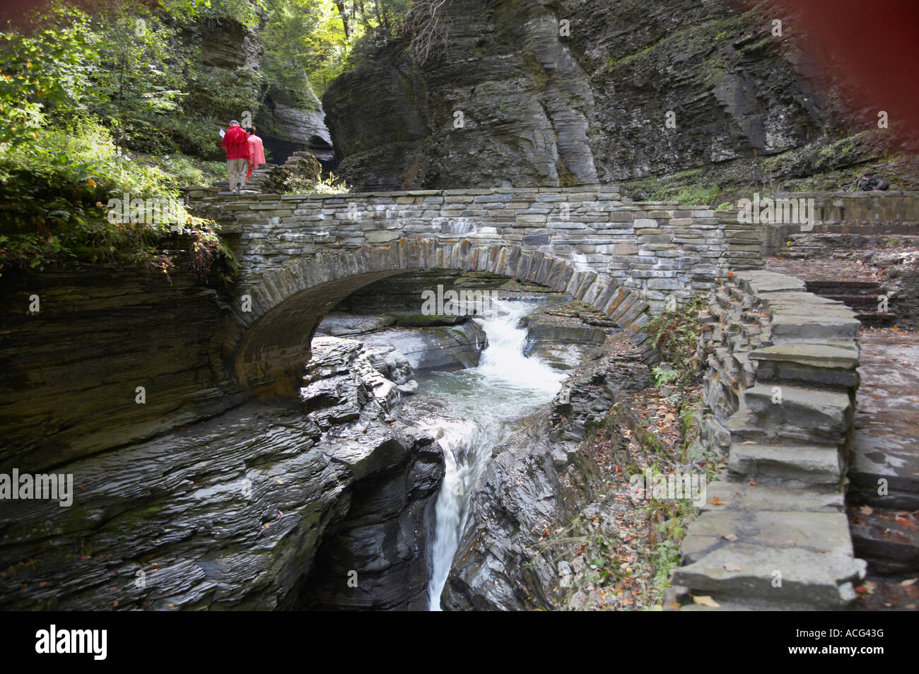 Bridge on walking trail in Watkins Glen State Park in the Finger Lakes region of New York State Stock Photo
