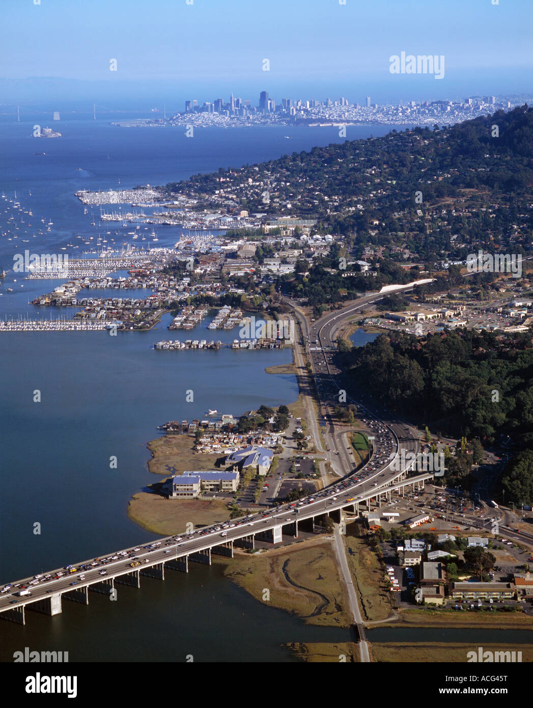 aerial view above highway 101  Marin county Sausalito  San Francisco in the background Stock Photo