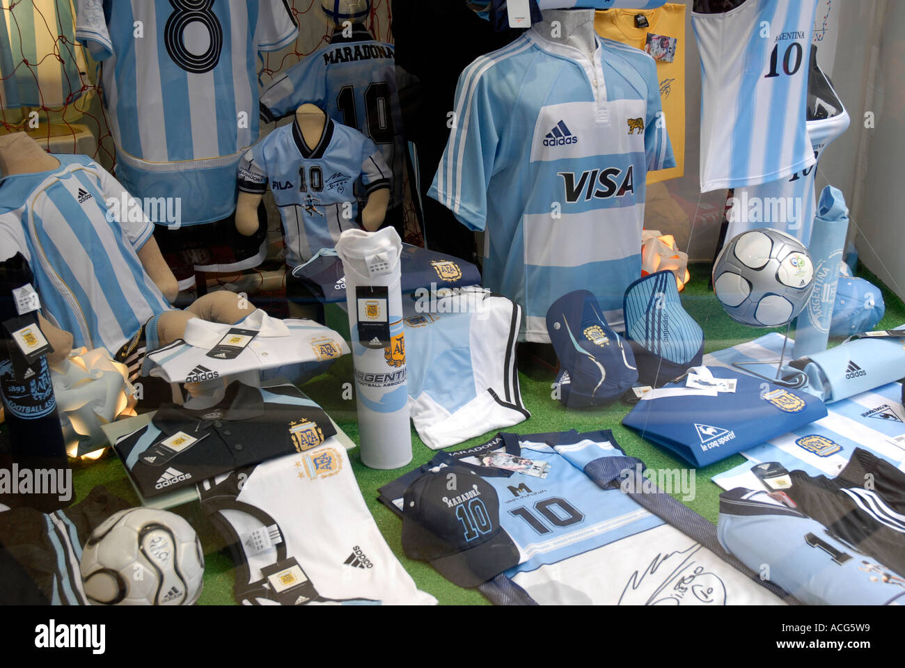 Football shop window with Argentinean shirts Buenos Aires Argentina Stock Photo