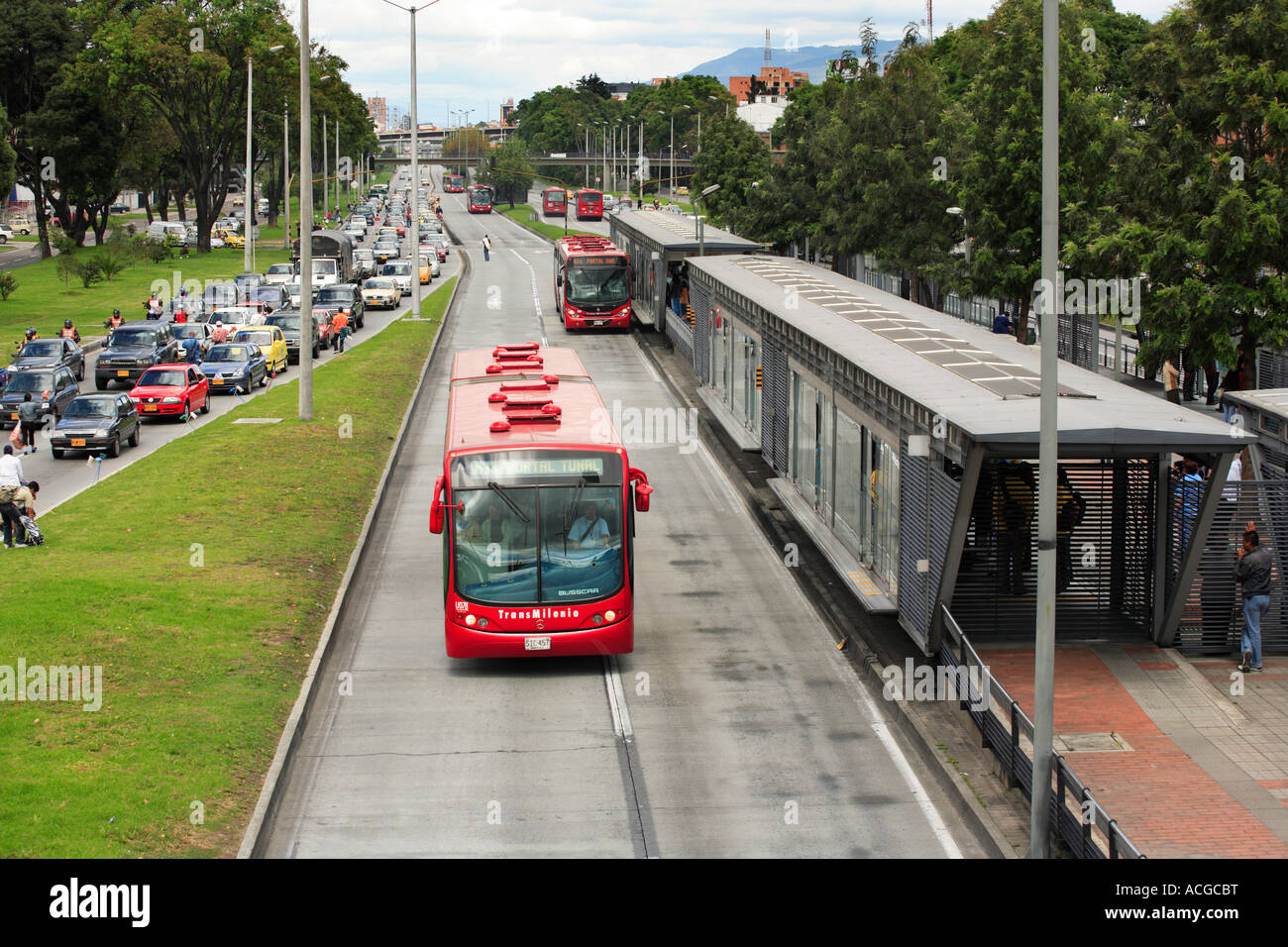 TransMilenio is the world's largest bus rapid transit system that serves Bogotá, the capital of Colombia. Stock Photo