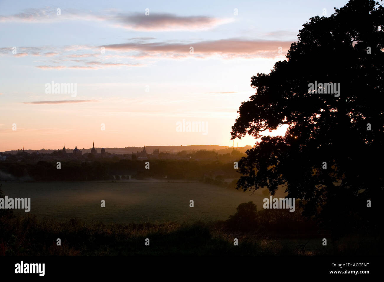 Oxford city skyline from South Hinksey heights at sunrise. Oxfordshire. UK Stock Photo