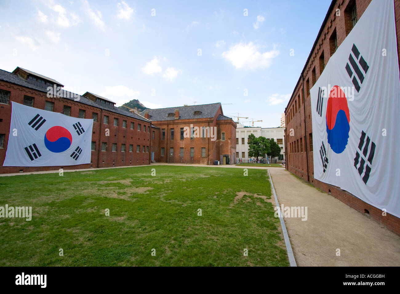 Large Korean National Flags Adorn Seodaemun Japanese Colonial Prison Seoul South Korea Stock Photo