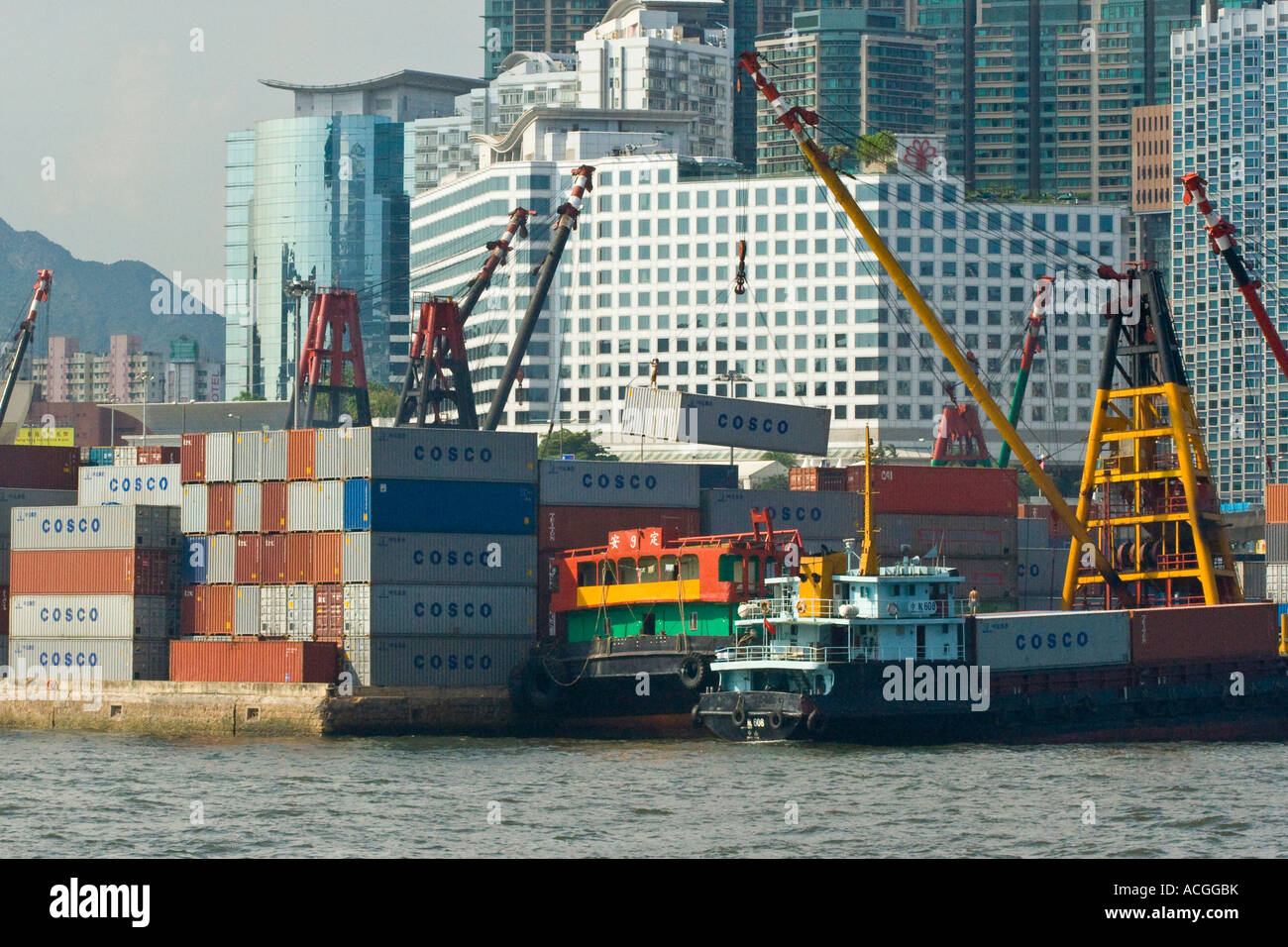 Ship Being Loaded with Cosco Shipping Containers Kowloon Victoria Harbour Hong Kong Stock Photo