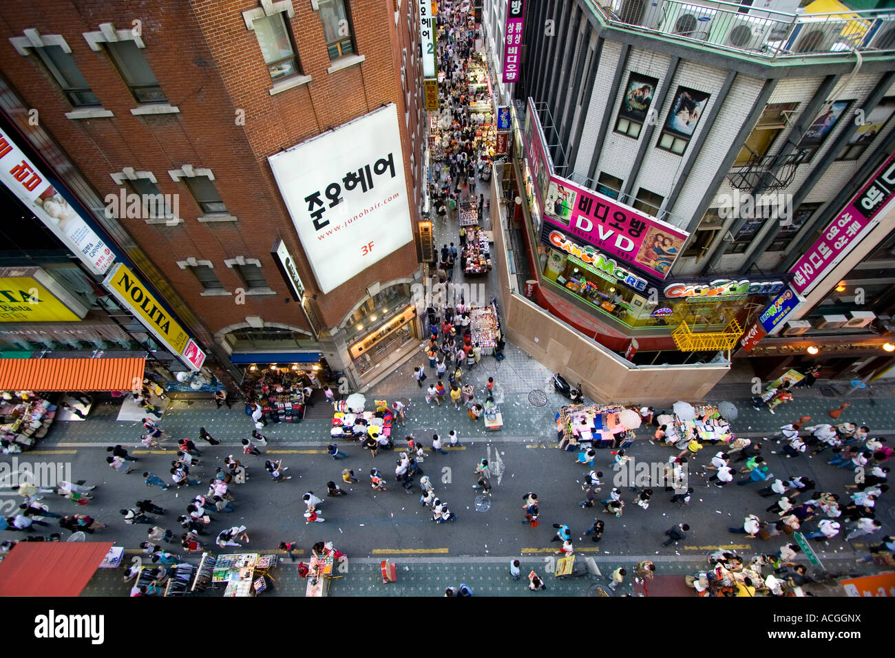 View from Above of Narrow Shopping Street Myongdong Commercial Market Seoul South Korea Stock Photo
