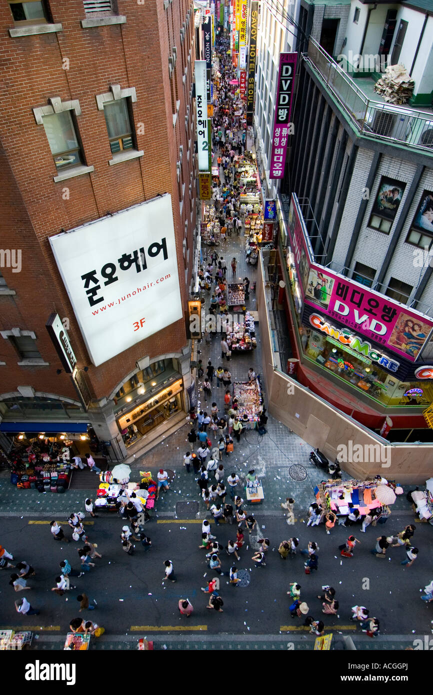 View from Above of Narrow Shopping Street Myongdong Commercial Market Seoul South Korea Stock Photo