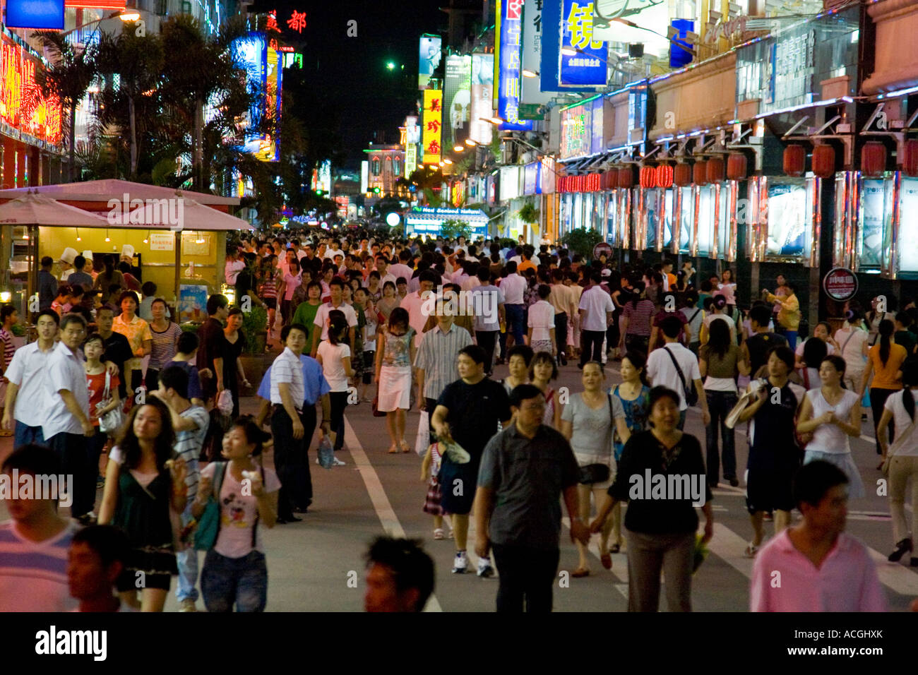 Chinese Shoppers on a Busy Pedestrian Commercial Street Xiamen China Stock Photo