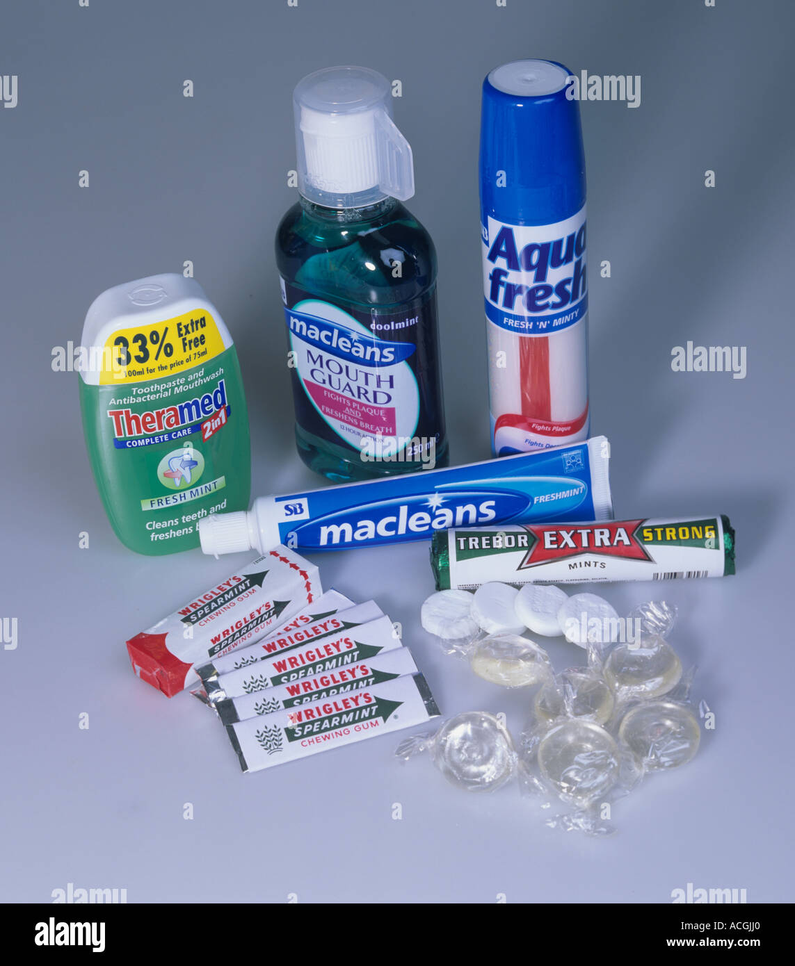 Various products flavoured with mint mouthwash toothpaste sweets