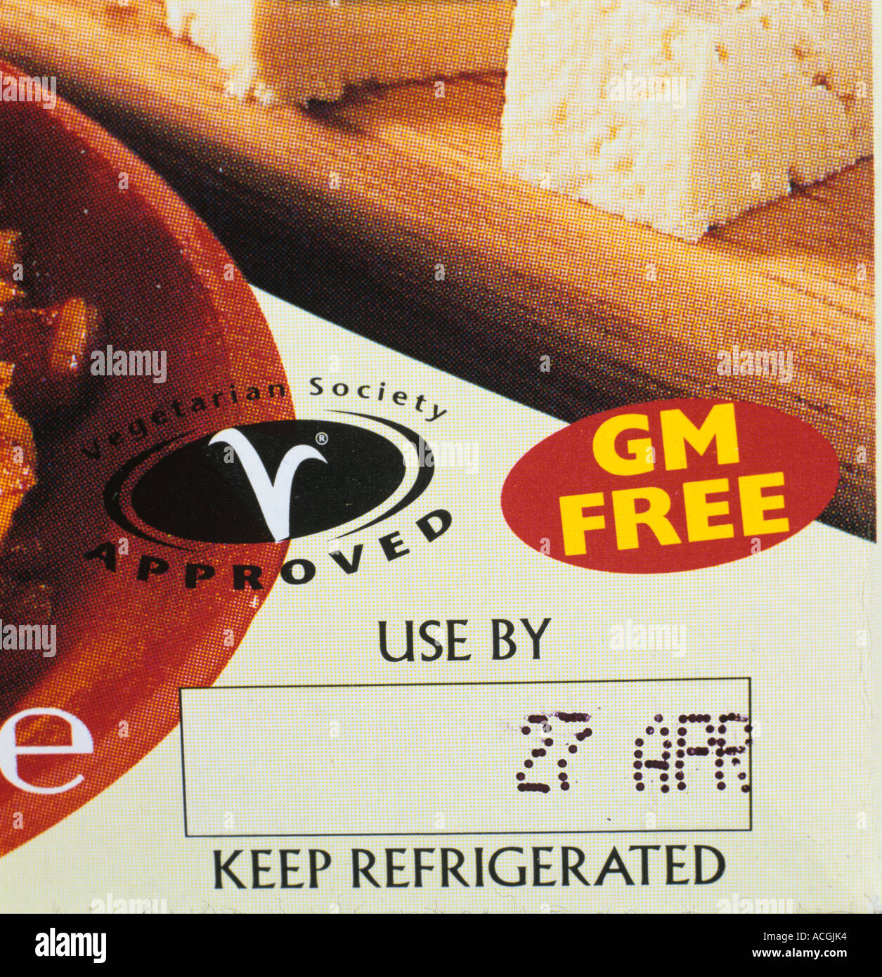 Vegetarian Society GM Free marks on a pack of organic tofu Stock Photo