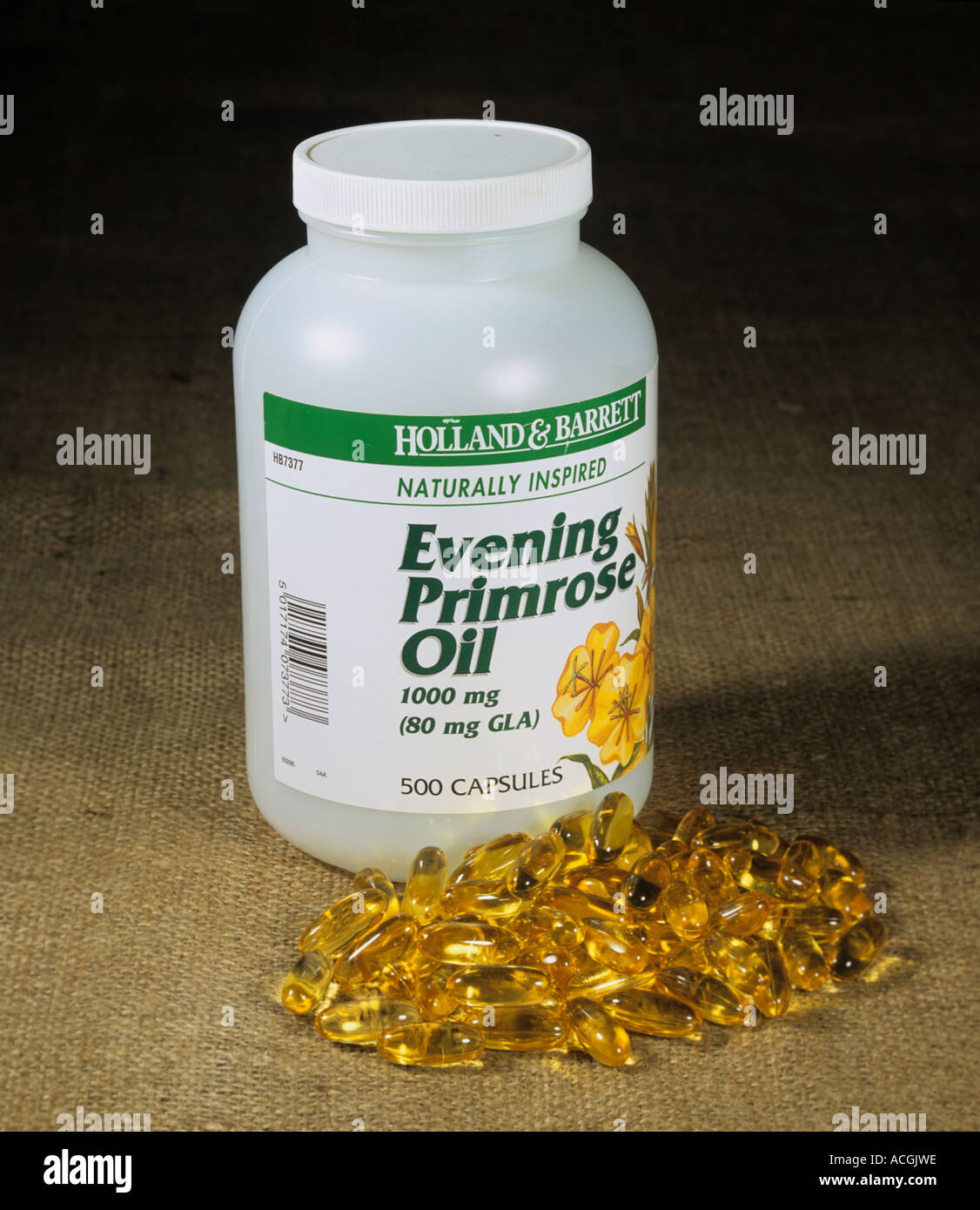 Retail tub of evening primrose oil capsules Stock Photo