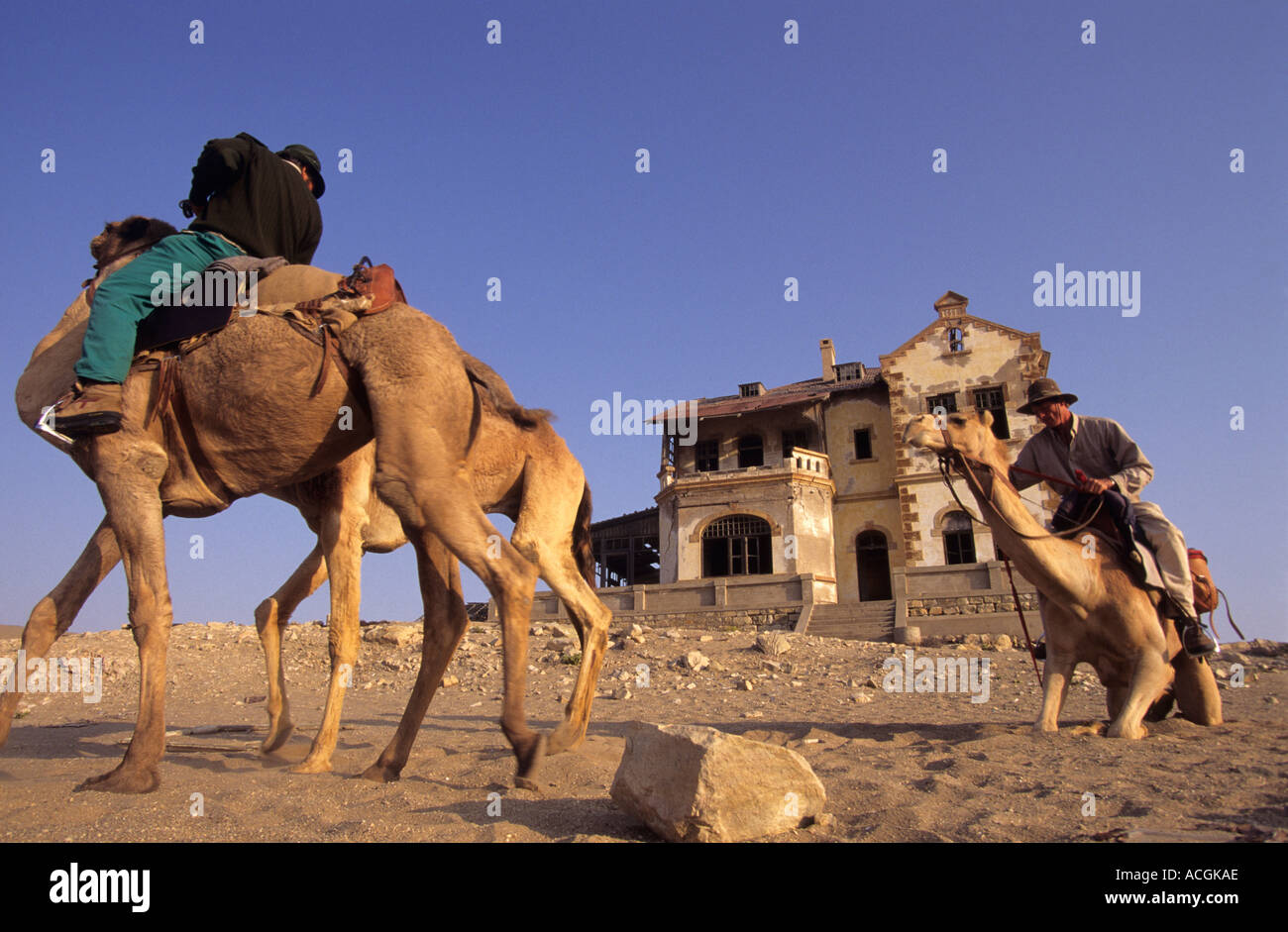 Benedict Allen his guide Tommy and team of camels at an abandoned Diamond mine Stock Photo