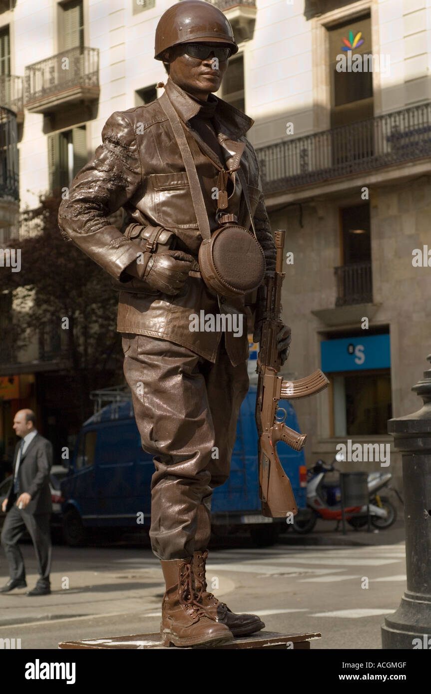 Street artist mimicking a soldier, Las Ramblas, Barcelona, Catalunya, Spain, Europe Stock Photo