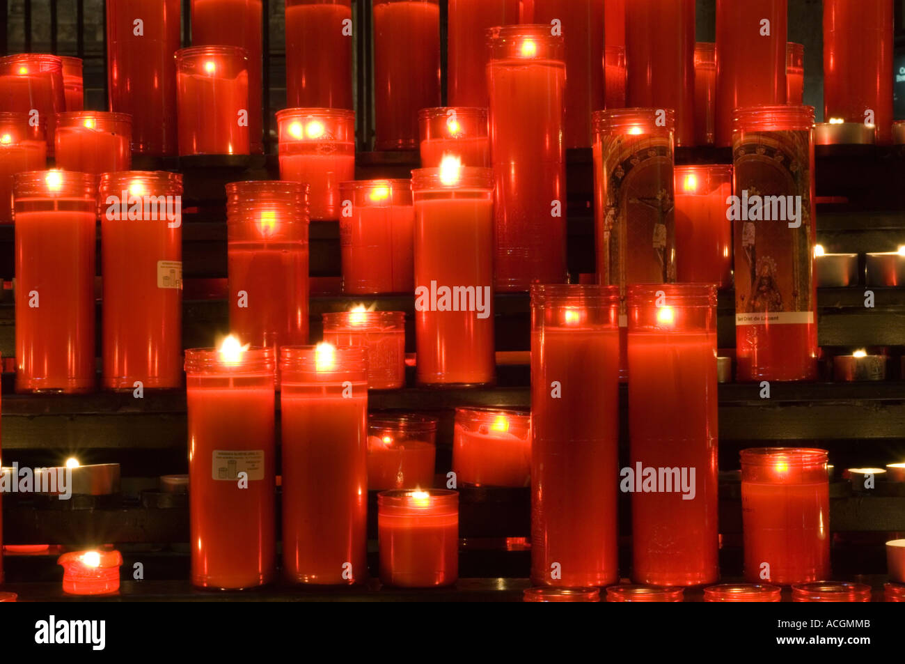 Vigil lights in cathedral, Barcelona, Catalonia, Spain, Europe Stock Photo