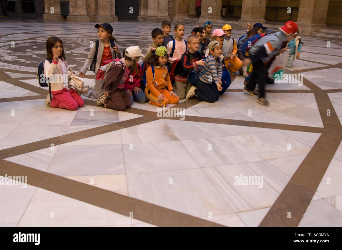 Schoolchildren visiting the Monastery of Montserrat, Catalonia, Spain, Europe Stock Photo