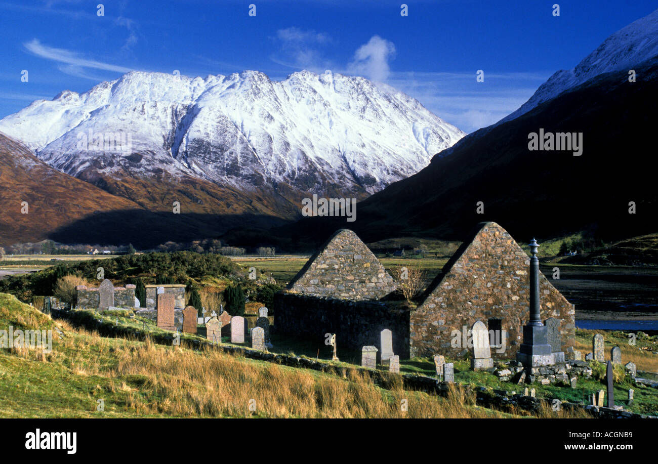 S.W. flank of Ben Attow (Beinn Fhada) 3385' rises beyond ruined kirk at Morvich in Strath Croe beside Loch Duich. Stock Photo