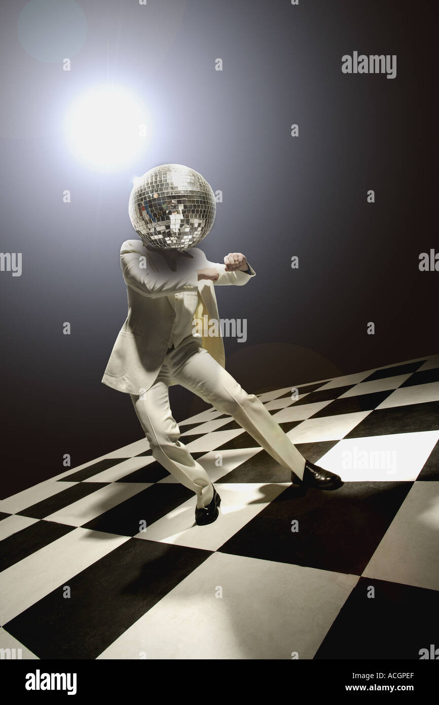 Disco dancer with disco ball for head Stock Photo Alamy