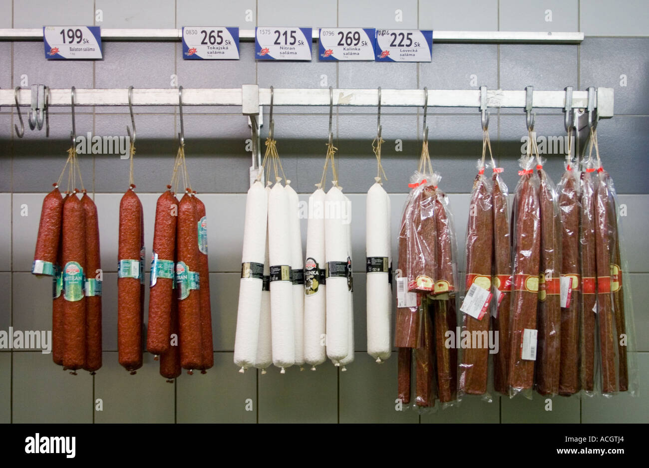 Selection of salami style cooked meat products in Tesco Bratislava