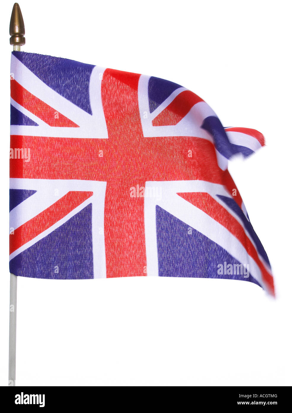 A union jack flag blowing in the wind on a white background Stock Photo