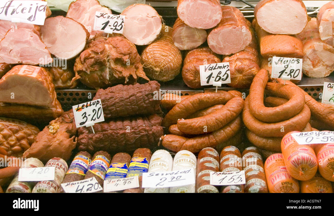 Delicatessen stall Inside central market centratirgus Riga Latvia Stock