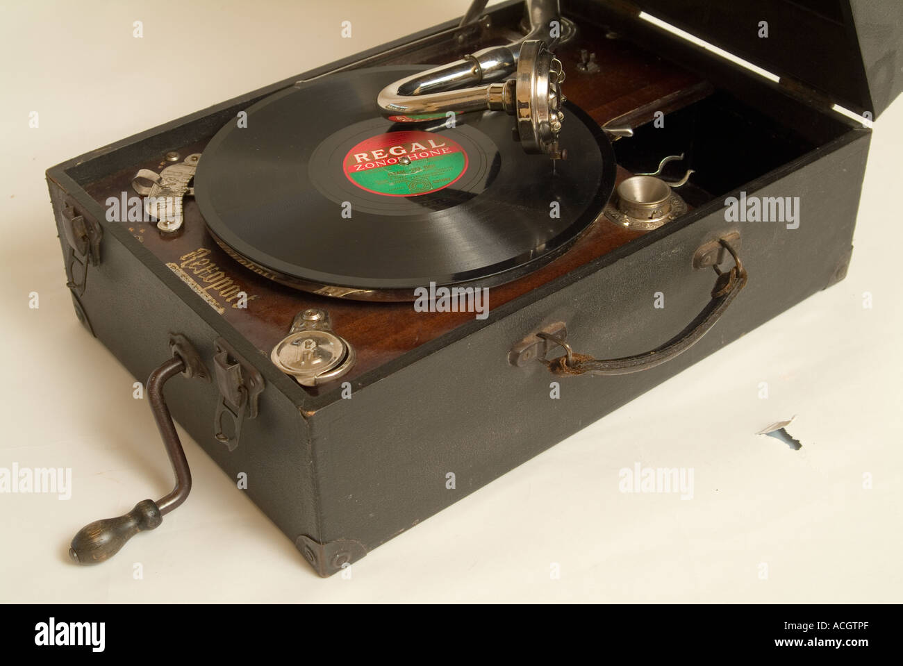 An old Rexoport 78rpm portable wind up gramophone Stock Photo
