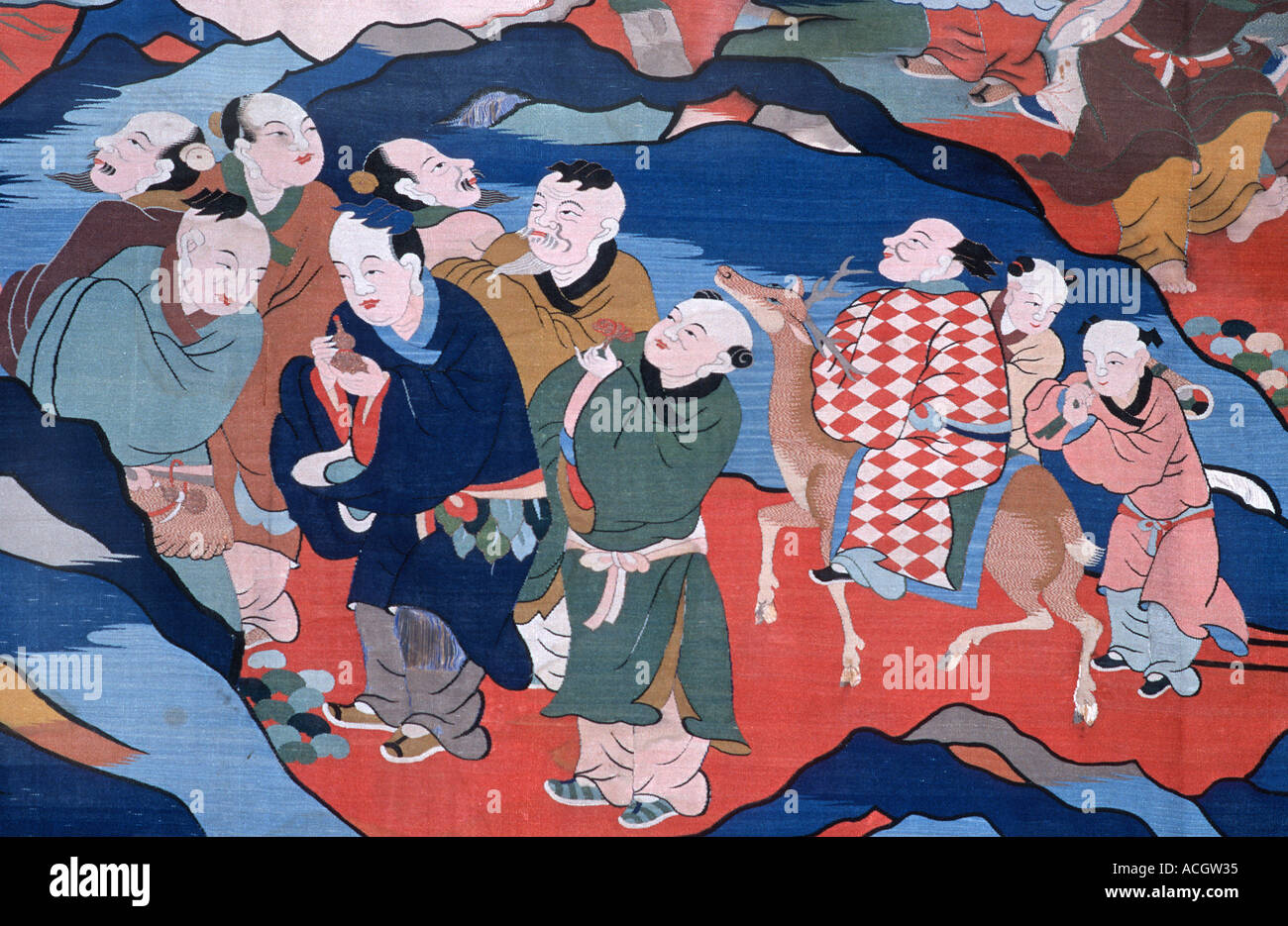 Silk tapestry from China depicting a group of Chinese elders and a deer Stock Photo