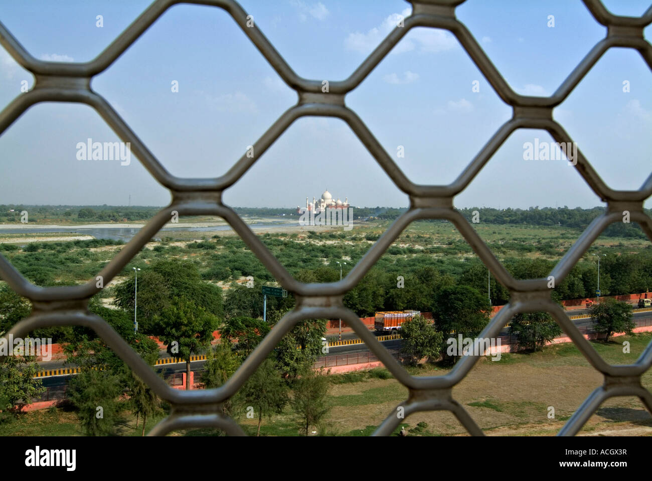 TAJ MAHAL FRAMED IN WIRED FENCE Stock Photo