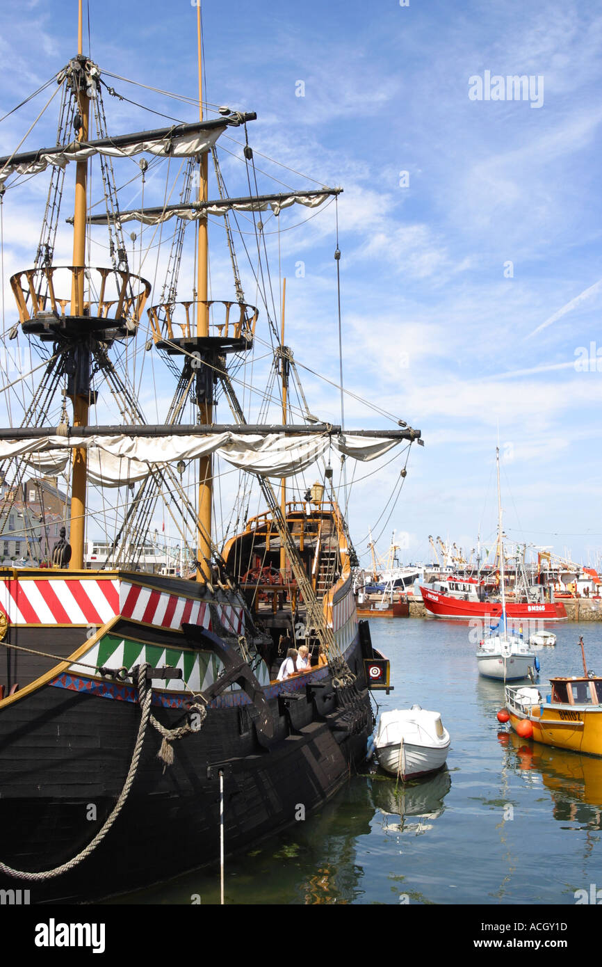 Brixham harbour has a replica of the Golden Hind as used by Sir Francis Drake Brixham Devon England Stock Photo