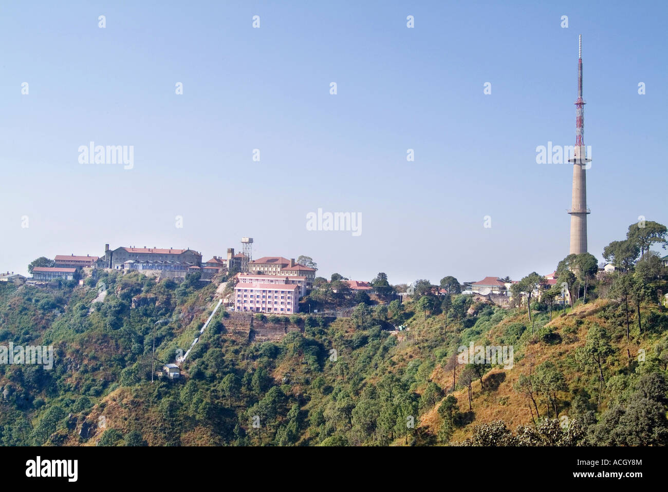 TELEVISION TRANSMISSION TOWER ON TOP OF A HILL Stock Photo