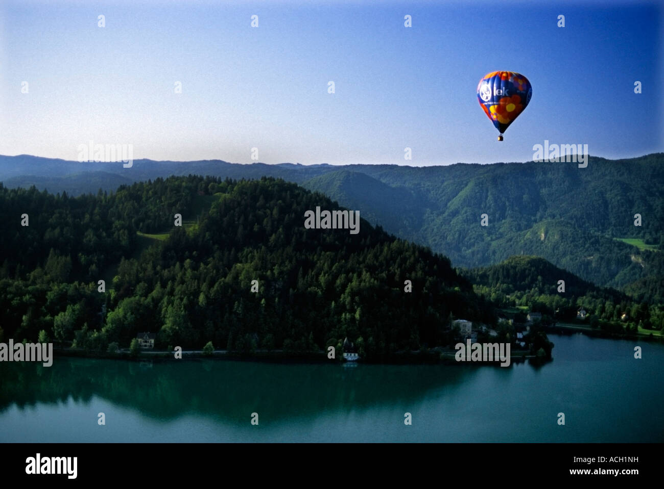 Slovenia, Bled lake - a view from the castle with a hot-air balloon in