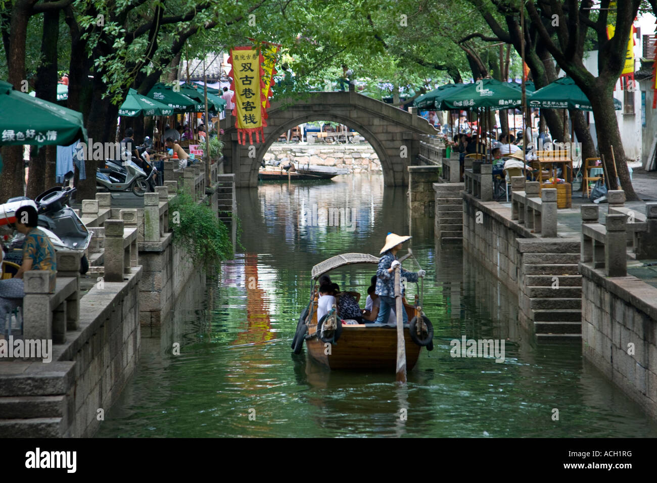 Restaurants Line Canal Woman Rowing Wooden Boat Tongli Water Town China Stock Photo