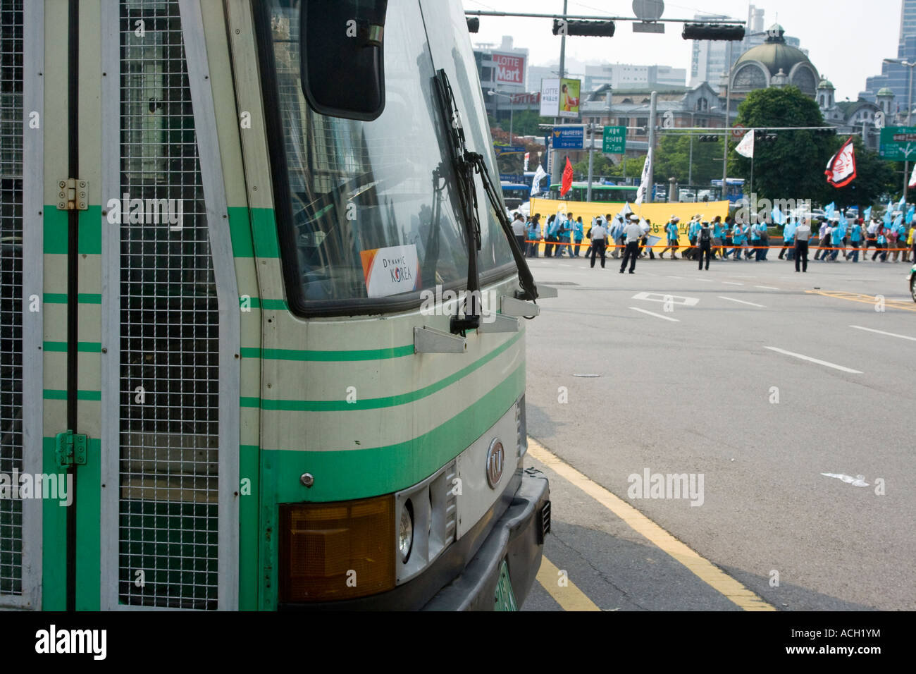 Police Bus Nearby Korean Protesters Marching in Peace Anti War Protest ...