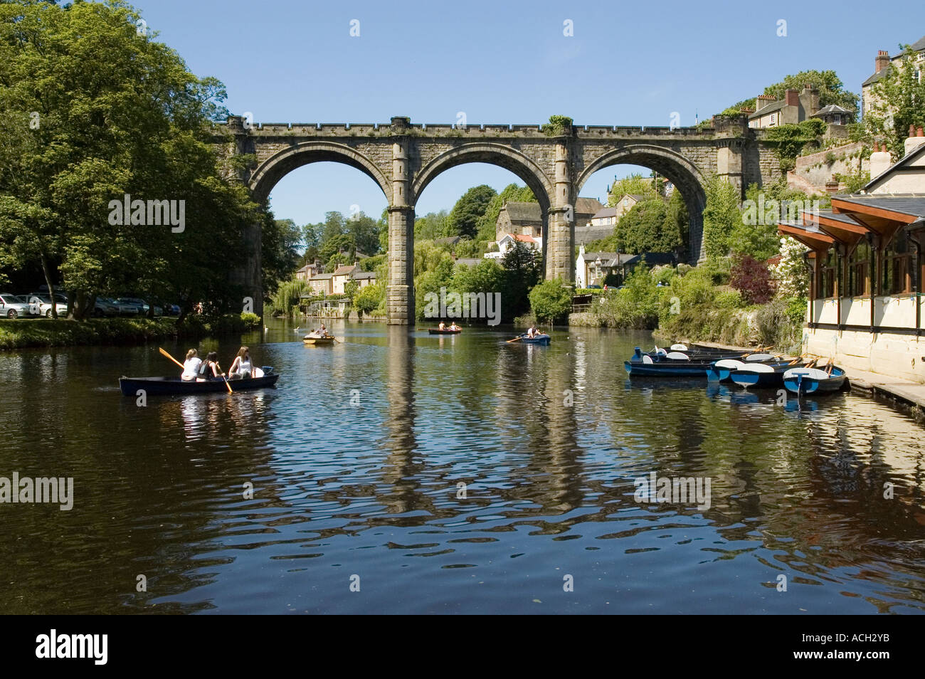 The River Nidd and railway bridge at Knaresborough North Yorkshire Stock Photo