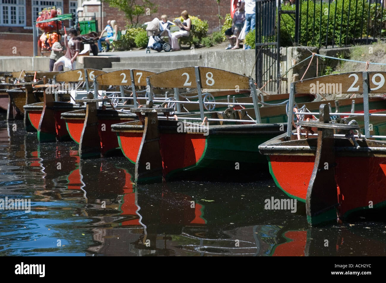 A row of pleasure boats on the River Nidd at Knaresborough North Yorkshire Stock Photo