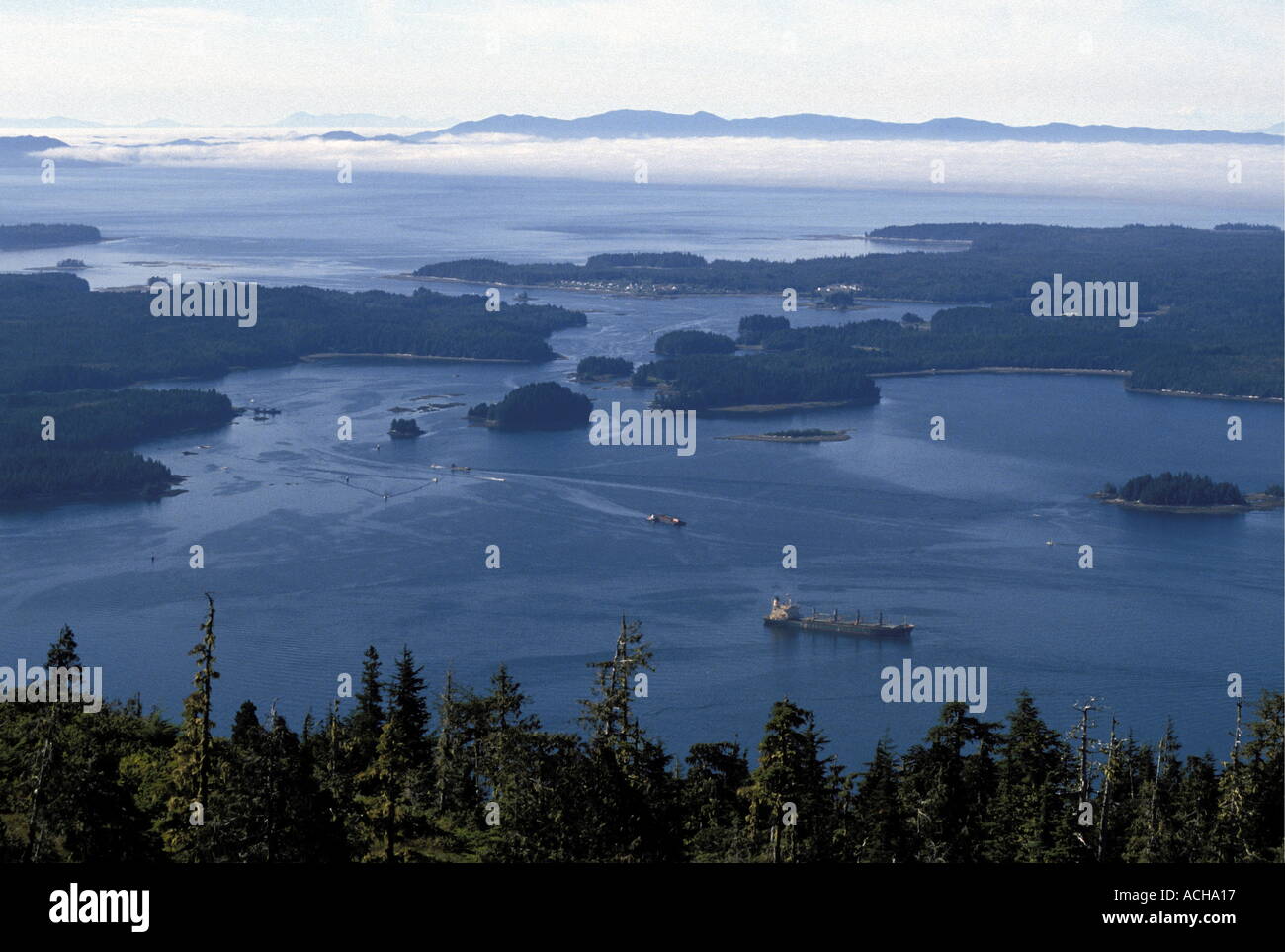 Island at Fiord entrance and fog bank in Chatham Sound seen from Mt