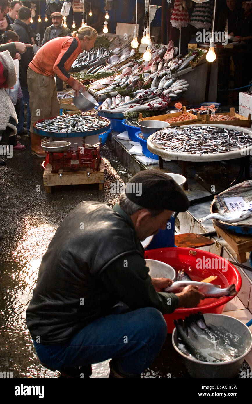 The outdoor Fish Bazaar Istanbul Turkey This market is near the Galeta Bridge Stock Photo