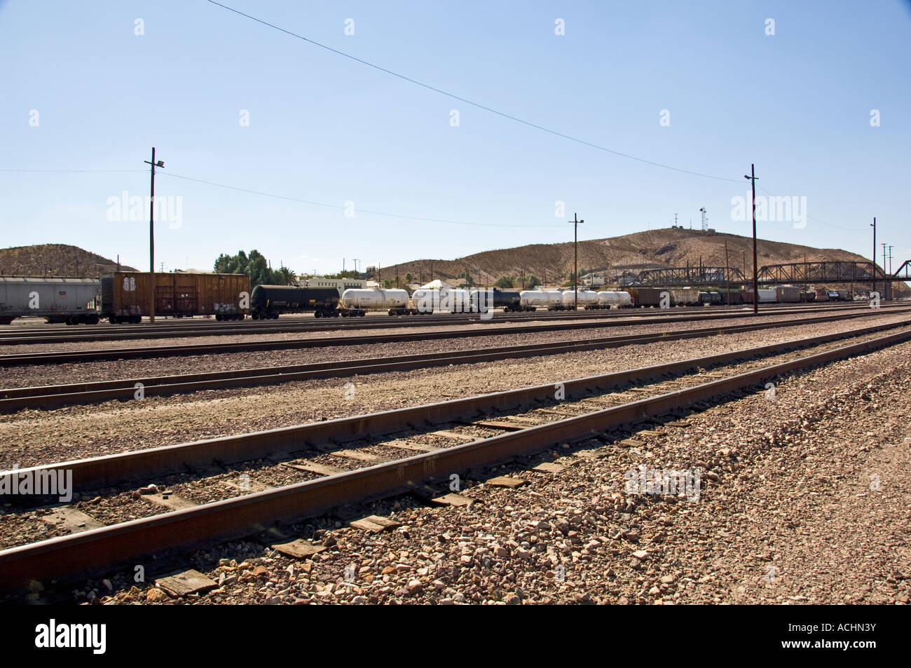 Railroad tracks in front of the emodeled train station in Barstow, California, USA Stock Photo