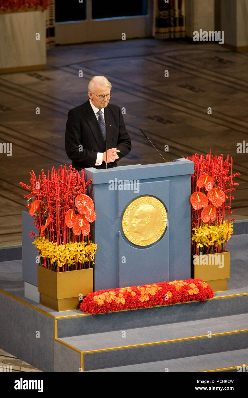 Ole Danbolt Mjos delivers a speech at the 2006 Nobel Peace Prize award ceremony at Oslo City Hall. Stock Photo