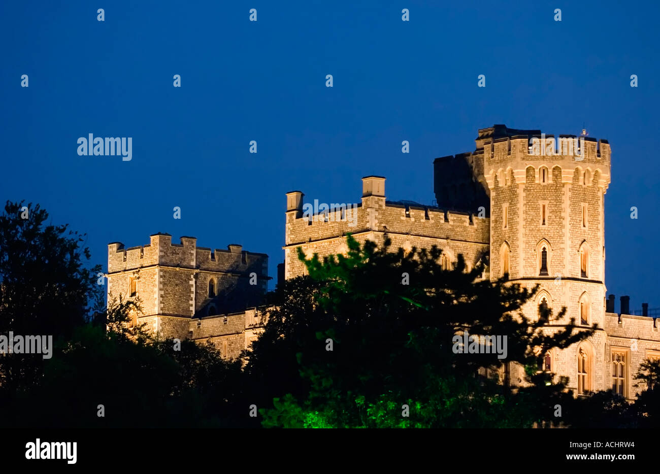 View of Windsor Castle  from The Home Park,  floodlit for a special occasion. Stock Photo