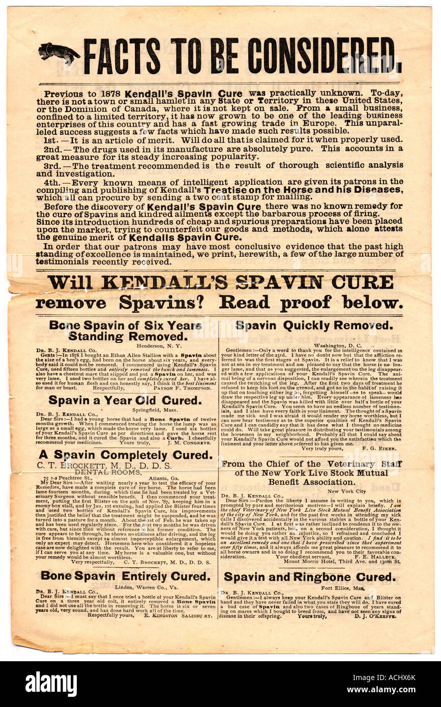 Kendall's Spavin Cure flier circa 1880 Stock Photo