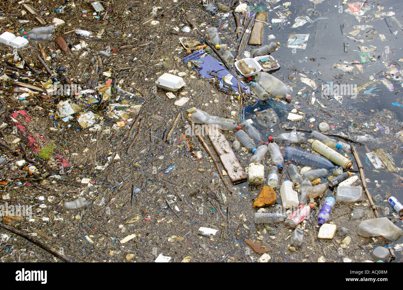 Flotsam rubbish floating in corner of Cardiff Bay, South Wales, UK
