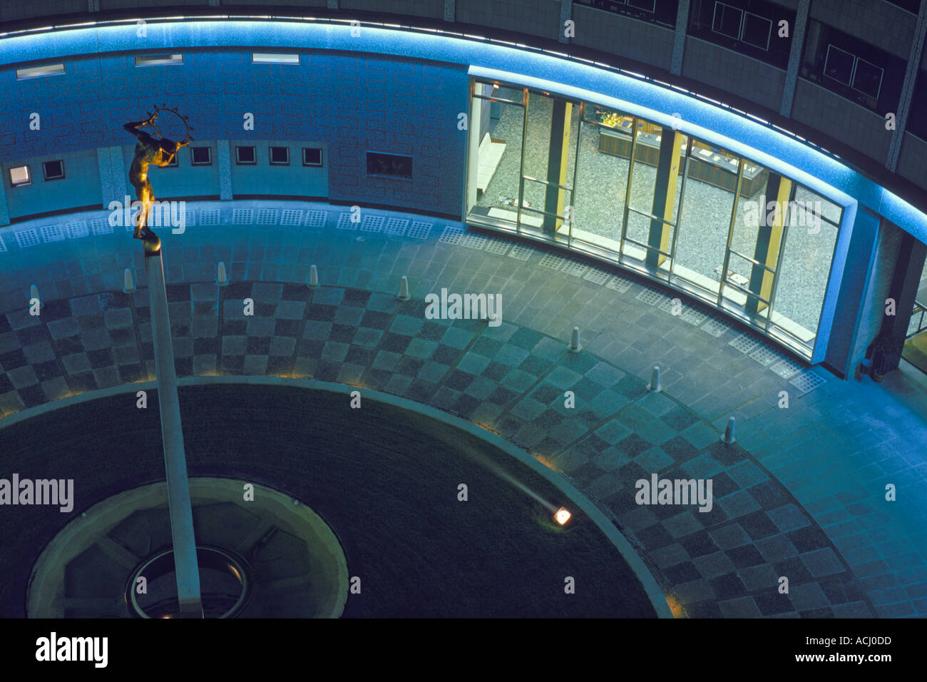 BBC Television Centre Shepherds Bush White City London in original state 1962 looking down into central courtyard night with statue of Helios JMH0363 Stock Photo