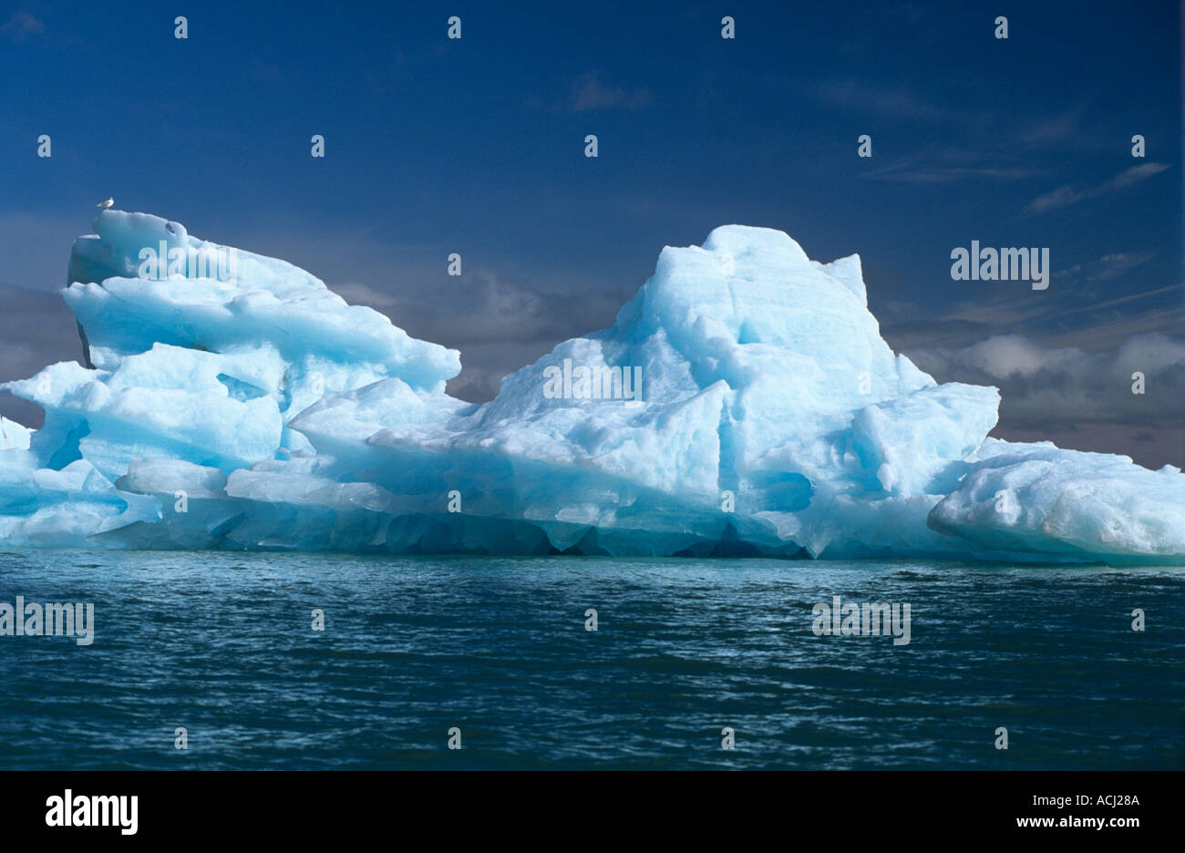 Blue ice Iceberg calved from glacier floating in the Arctic Ocean near Svalbard Stock Photo