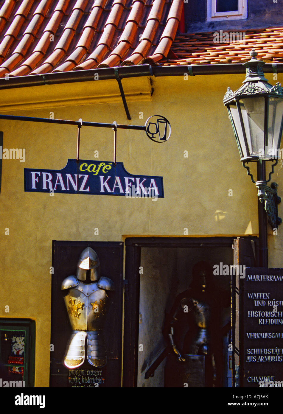 Golden Lane Street by Castle in Prague Czech Republic and Franz Kafka cafe Stock Photo