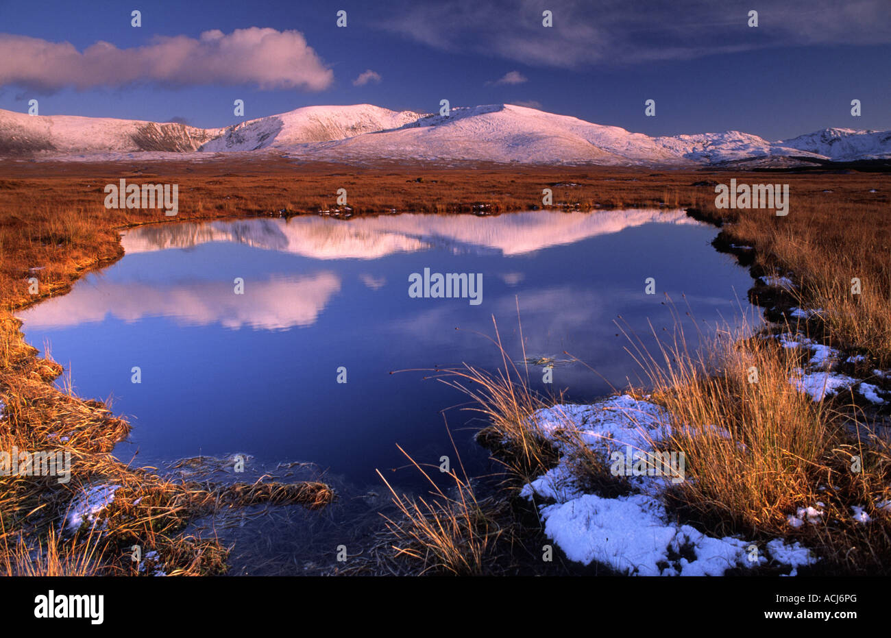 Winter reflections of the Nephin Beg Mountains in a bog pool. Wild Nephin Wilderness Area, Ballycroy, County Mayo, Ireland. Stock Photo