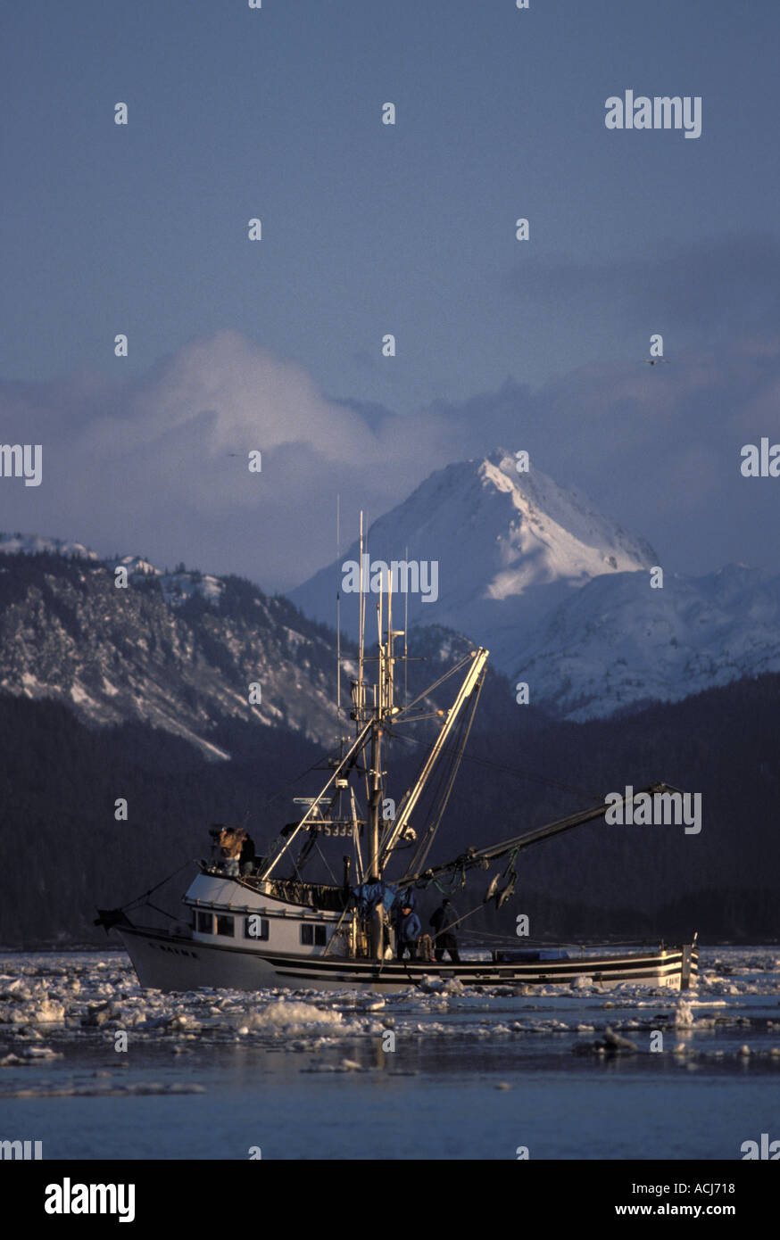 Fishing Seiner boat in driftice winter Kachemak Bay Kenai Peninsula Alaska Stock Photo
