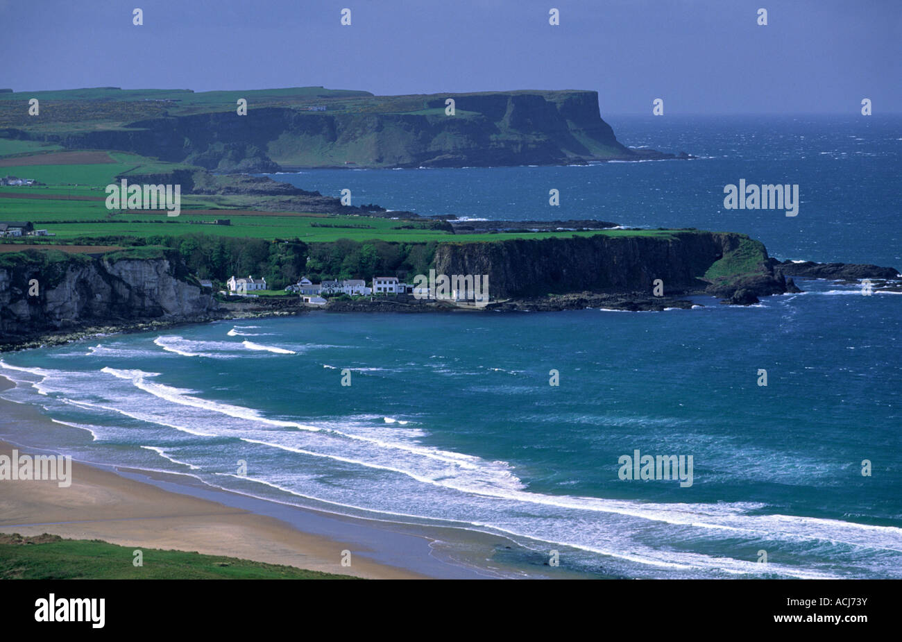 View over Portbraddan from White Park Bay, Co Antrim, Northern Ireland. Stock Photo