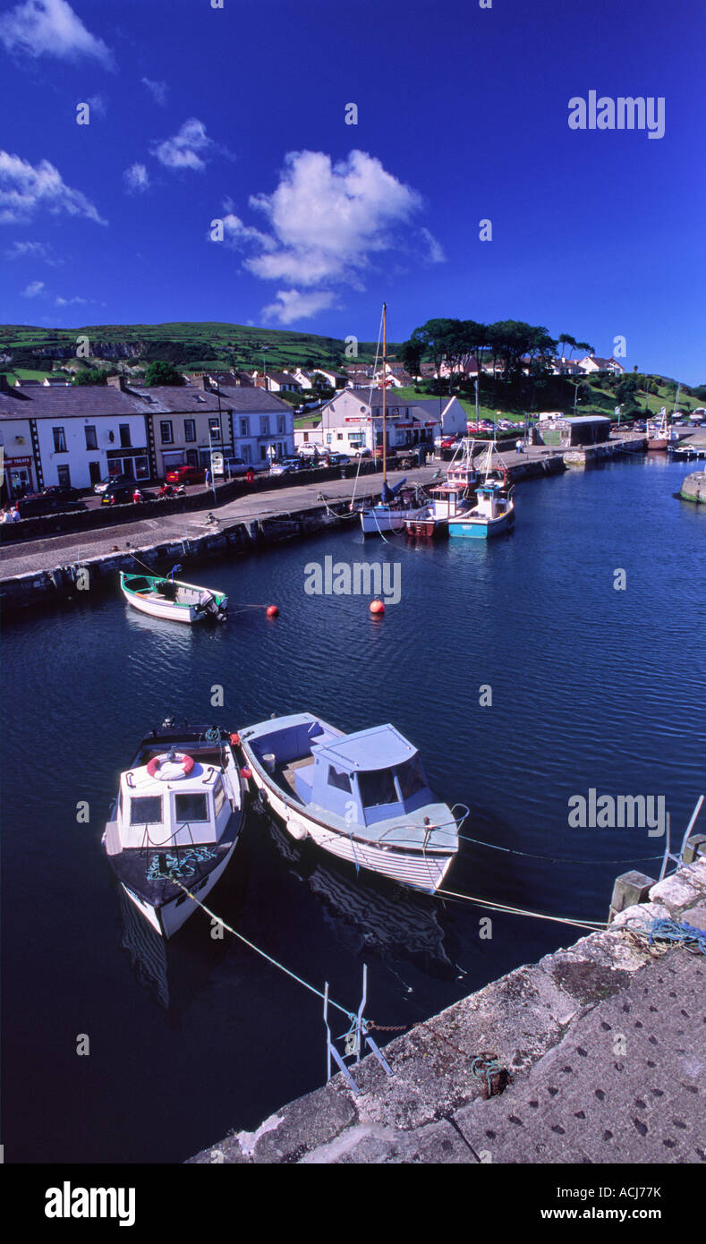 Summer fishing boats in Carnlough Harbour, Glens of Antrim, County Antrim, Northern Ireland, UK. Stock Photo